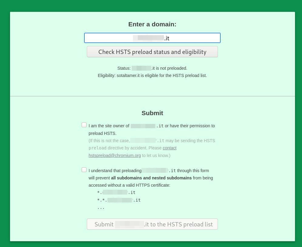 Richiesta di preload per dominio HSTS