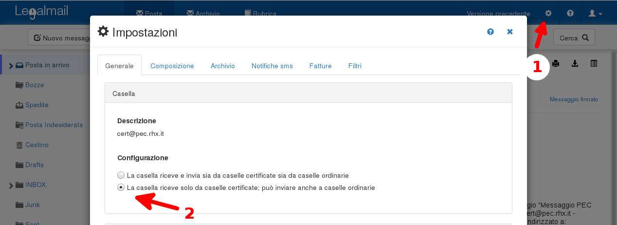Esempio impostazione di ricezione e-mail tradizionale su PEC