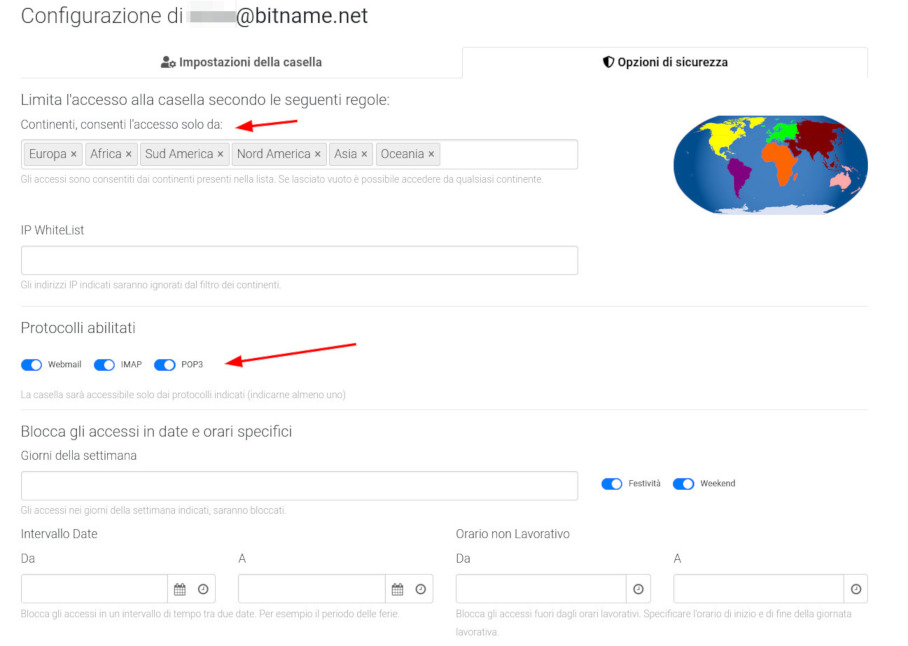 Opzioni di sicurezza casella e-mail