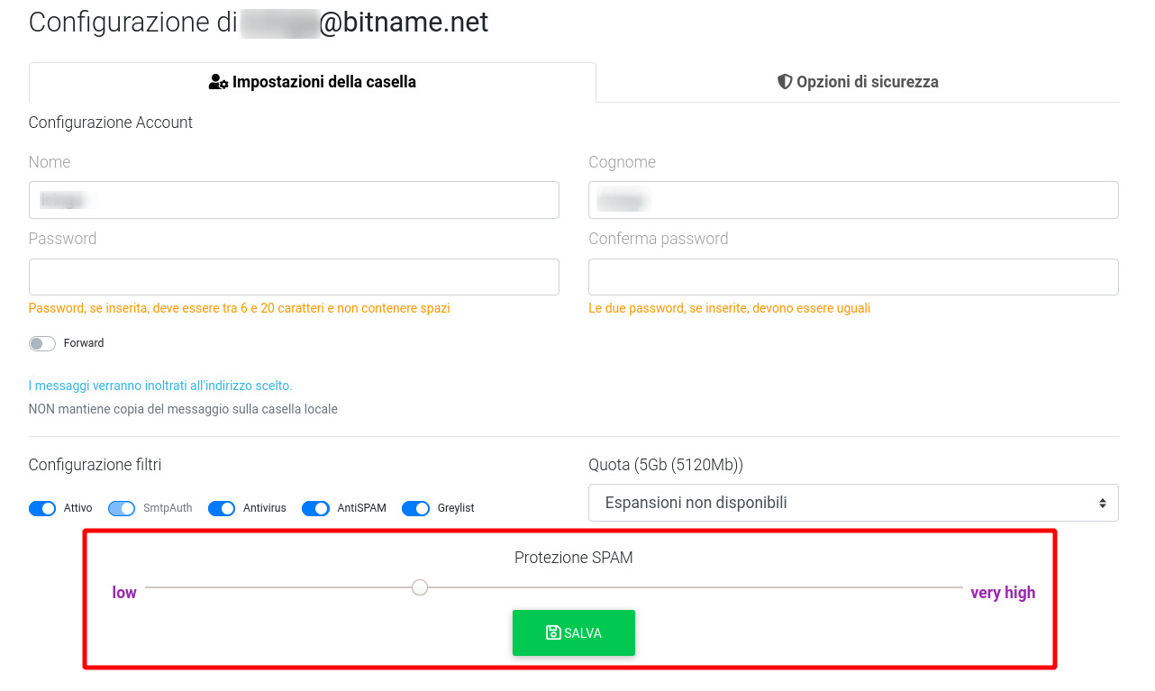Regolare livello AntiSPAM e-mail