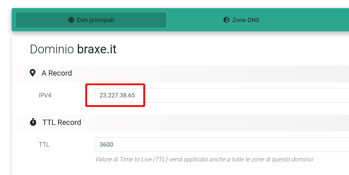 Configurazione DNS dominio Shopify A Record
