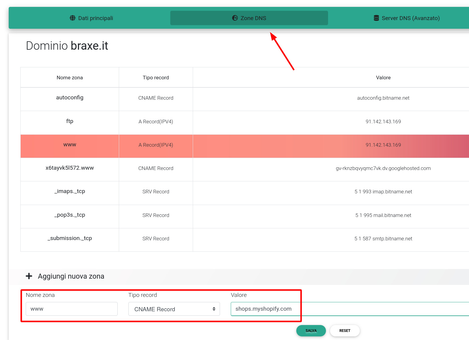 Configurazione DNS dominio Shopify cName Record
