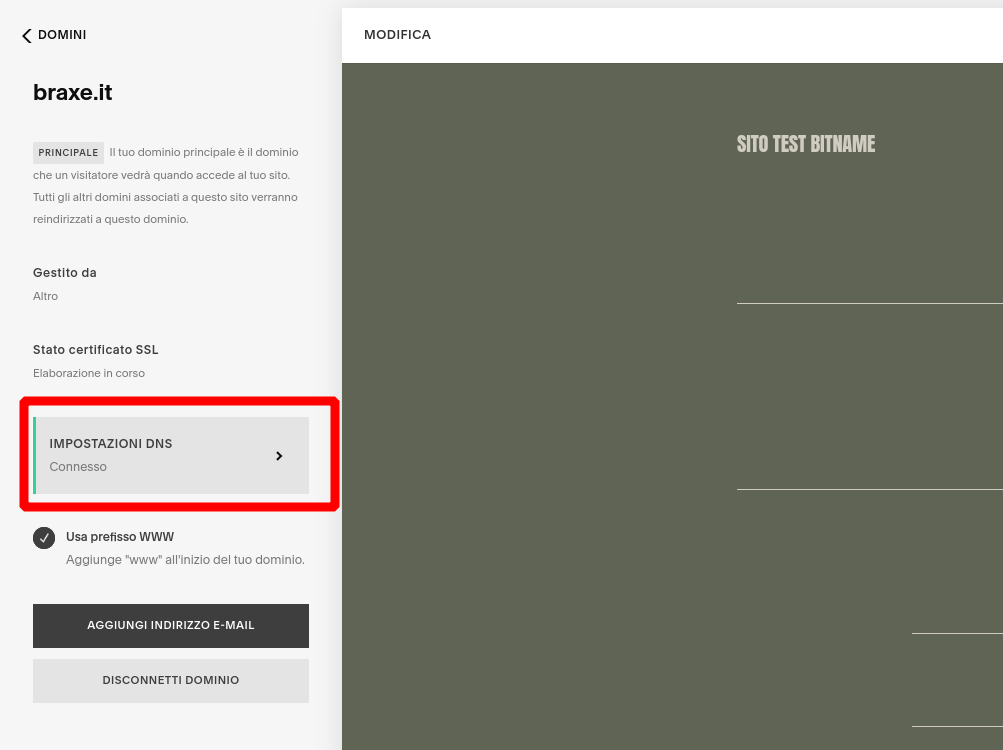 Squarespace dominio connesso